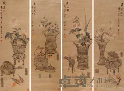 张熊 庚辰（1880年）作 博古花卉 四屏 92×31cm×4